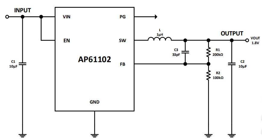 应用电路图 - Diodes Incorporated AP61102开关稳压器
